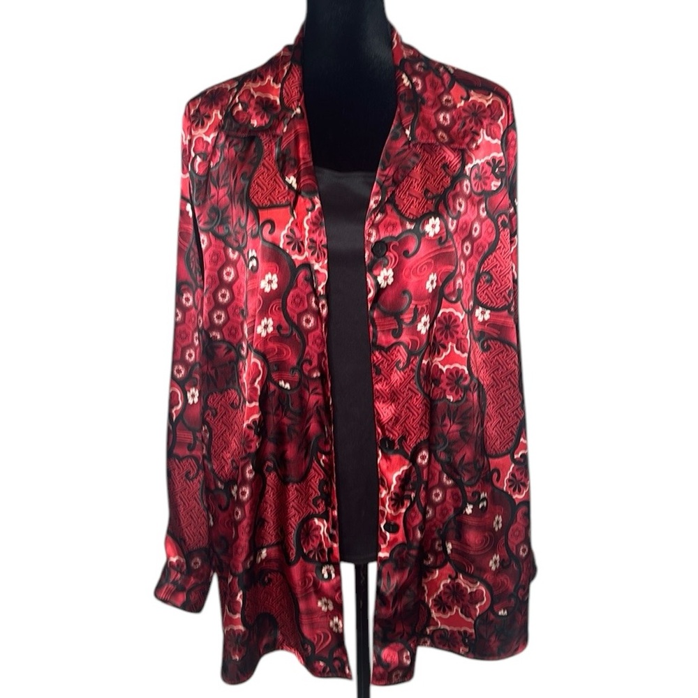 #50 (Dress Barn) Red & Black Satin Layered Button Down Blouse - Size 18/20